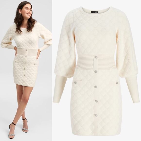 Express Embellished Button Front Mini Sweater Dress in Ivory/Off White - Picture 3 of 17